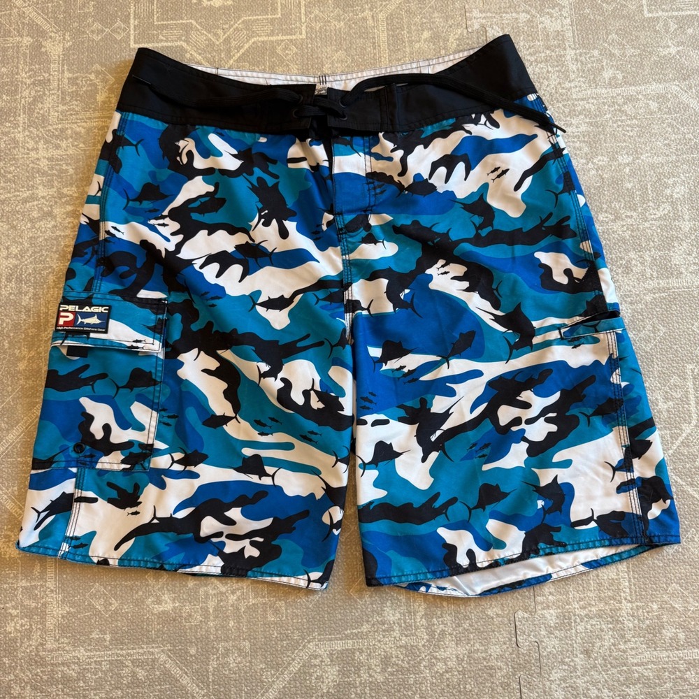 Pelagic Fish Camo Board Shorts Mens 34 Blue Marlin Tuna Fishing Swim Trunks